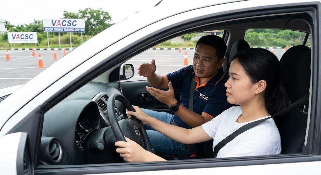 Driving instructor guiding a learner at Kaimur Motor Driving Training School